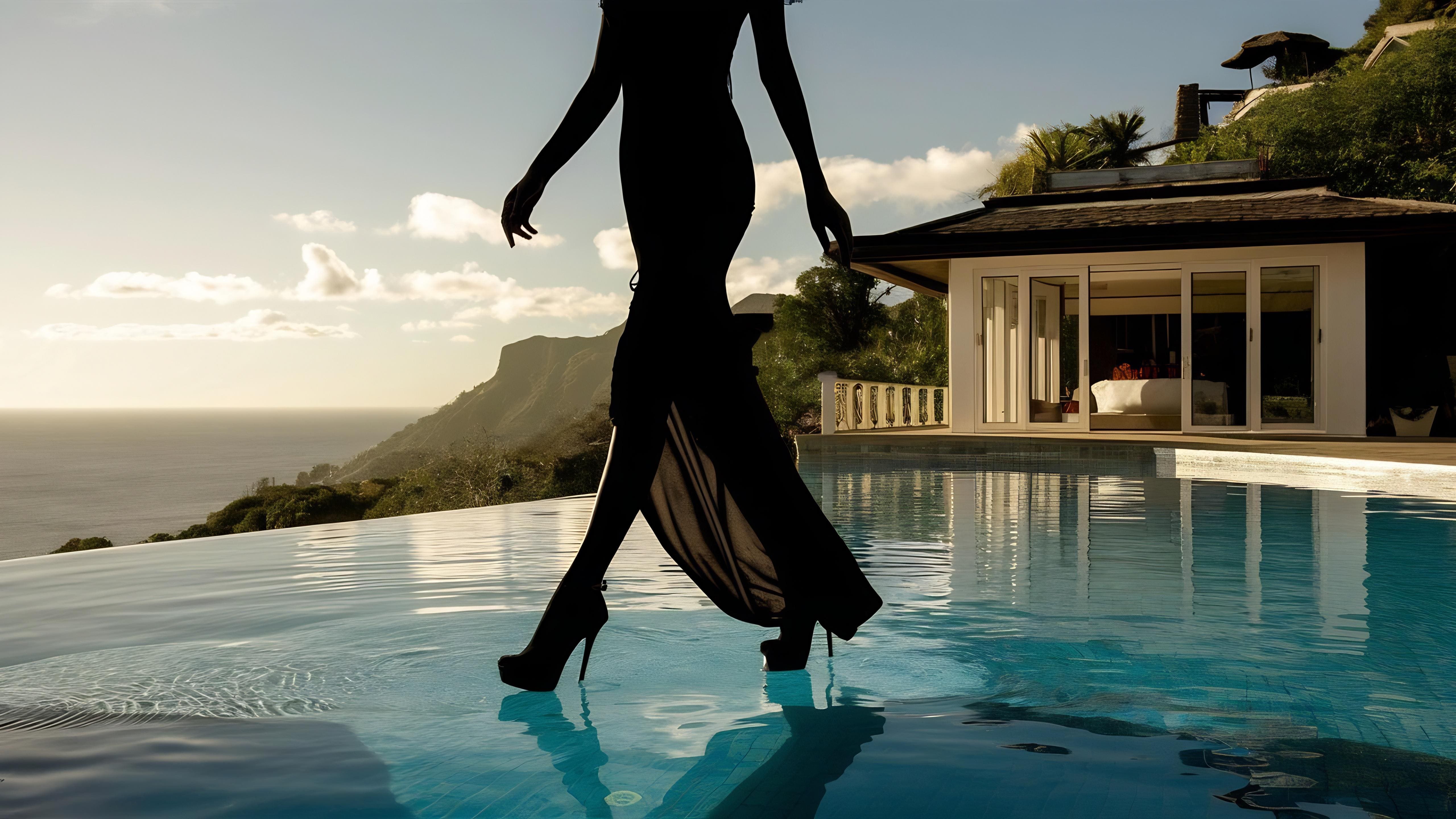 Silhouette Woman Walking Near Infinity Pool